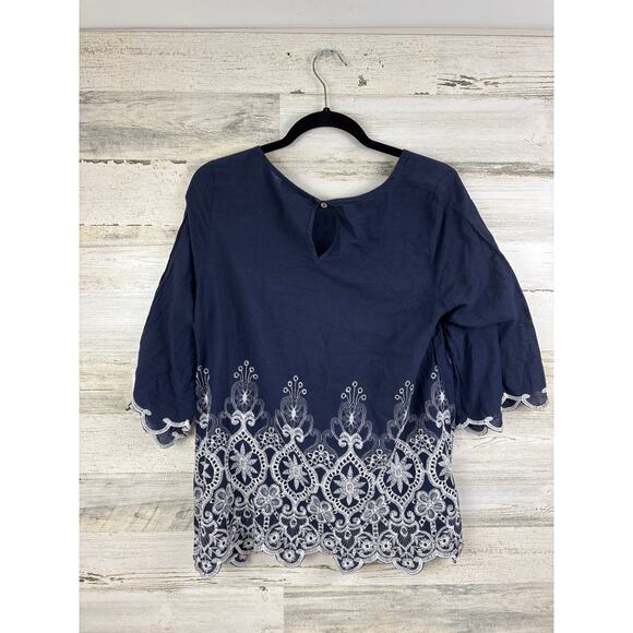Tassel n Lace womens 8 navy blue white boho embroidered top blouse lightweight - Picture 1 of 4